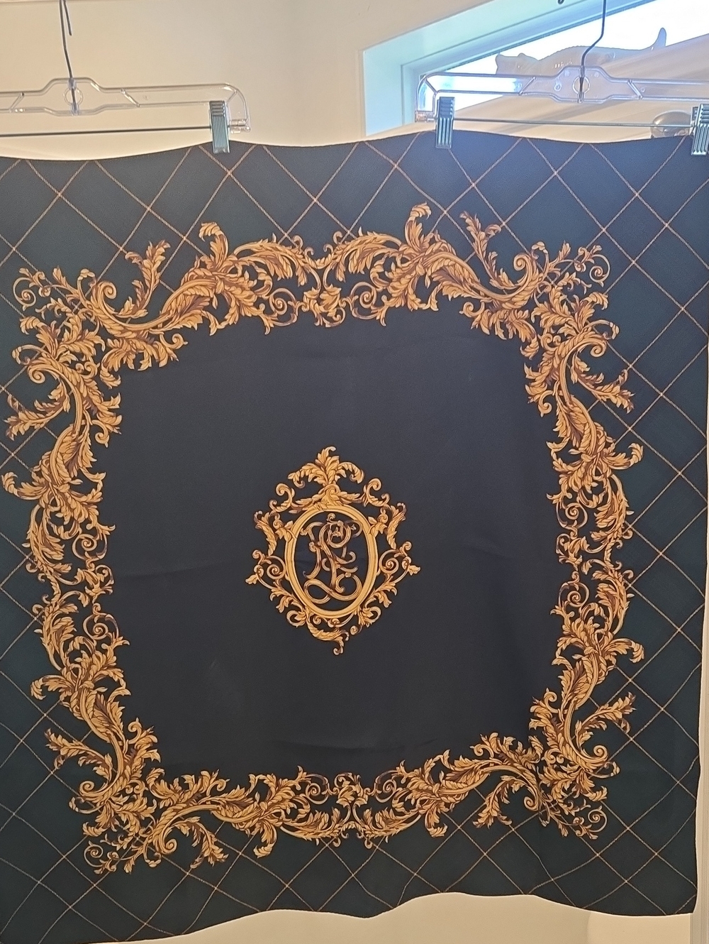 Vintage Lauren Ralph Lauren Black Silk Scarf with Ornate Gold Baroque Motif